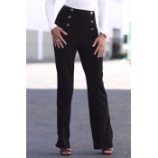 Trendy High Elastic Waist Black Polyester Pants