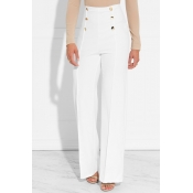 Trendy High Elastic Waist White Polyester Pants