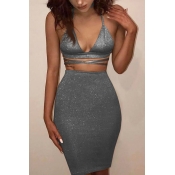 Sexy Backless Hollow-out Silver Cotton Two-piece S