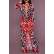 Sexy Deep V Neck Slit Printed Healthy Sheath Ankle