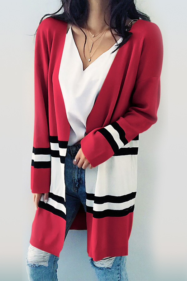 Euramerican Long Sleeves Patchwork Red Cotton Cardigans