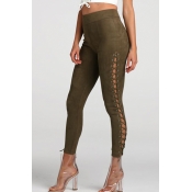 Trendy High Waist Lace-up Hollow-out Army Green Ve
