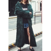 Fashionable V Neck Long Sleeves Green Faux Fur Lon