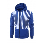 Fashionable Hooded Collar Striped Blue Cotton Blen