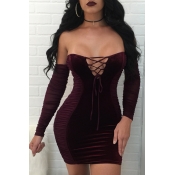 Sexy Strapless Lace-up Hollow-out Wine Red Velvet 