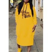 Casual Hooded Collar Letters Printed Yellow Polyes