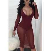 Sexy U Neck See-Through Wine Red Polyester Knee Le