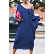 Casual V Neck Hollow-out Blue Polyester Mid Calf D