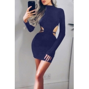 Sexy Round Neck Hollow-out Dark Blue Polyester She