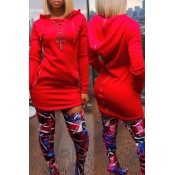 Leisure Long Sleeves Zipper Design Red Polyester S