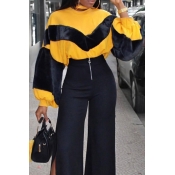Chic Round Neck Lantern Sleeves Patchwork Yellow P