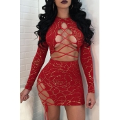 Sexy Round Neck Lace-up Hot Stamping Printed Red P