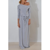 Lovely Casual Round Neck Dew Shoulder Grey Cotton 