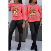 Casual Round Neck Animal Embroidered Pink Blending