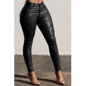 Fashion High Waist Black Leather Zipped Pants