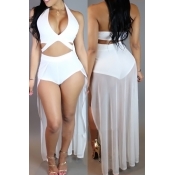 Sexy V Neck Hollow-out White Polyester+Spandex One