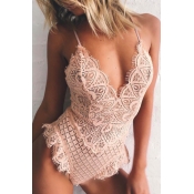 Sexy See-Through Pink Lace One-piece Jumpsuits