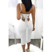 Sexy Square Neck Backless Lace-up White Polyester 
