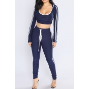 Casual Hooded Collar Striped Blue Qmilch Two-Piece