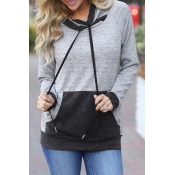 Lovely Leisure Hooded Collar Contrast Color Grey C