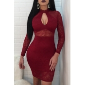 Lovely Sexy Round Neck See-Through Hollow-out Wine