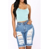Lovely Fashion Mid Waist Broken Holes Light Blue D