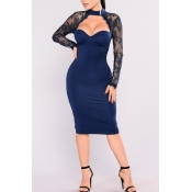 Lovely Sexy Round Neck Lace Patchwork Deep Blue He