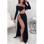 Lovely Trendy V Neck Long Sleeves Side Slit Black 