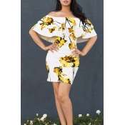 Lovely Sexy Bateau Neck Floral Print Yellow Milk F