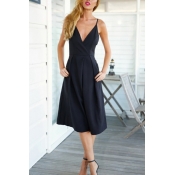 Lovely Trendy V Neck Flared Black Cotton Blends On