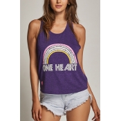 Lovely Leisure Round Neck Rainbow+Letters Printed 