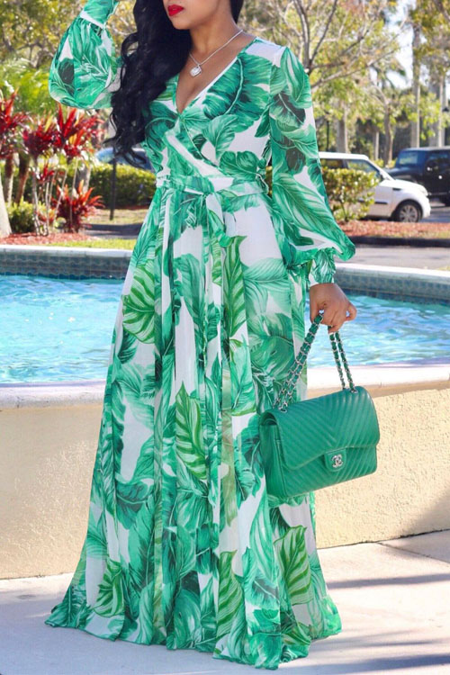 Lovely Bohemian V Neck Long Sleeves Floral Printed Green Chiffon Floor Length Dress
