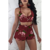 Lovely Sexy U Neck Floral Printed Bow Wine Red Kni