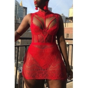Lovely Sexy Round Neck Hollow-out Red Lace Sheath 