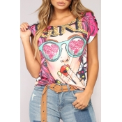 Lovely Casual Round Neck Cartoon Characters Printe