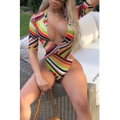 Lovely Fashion V Neck Striped Printed Polyester On