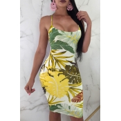 Lovely Sexy U-shaped Neck Printed Backless Yellow 