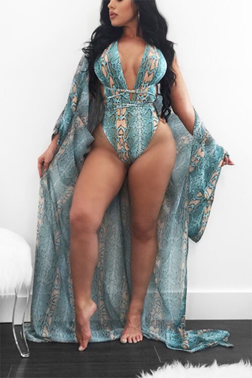 Lovely Chic Printed Green One-piece Swimwear (With Cover-up）