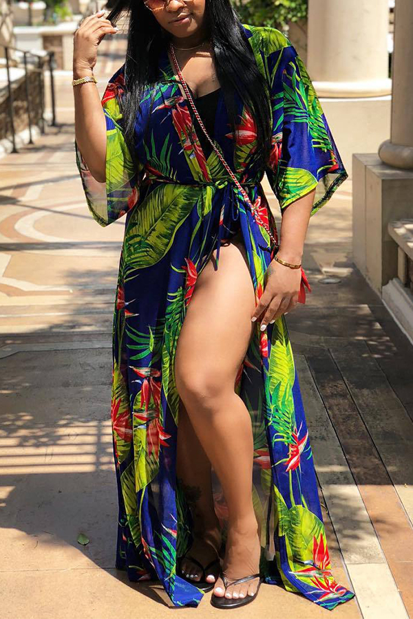 Lovely Casual V Neck Leaf Print Light Blue One-piece Swimsuit(With Cover-up)