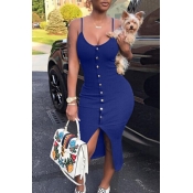 Lovely Sexy V Neck Single-breasted Design Blue Pol