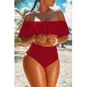 Lovely Pretty Bateau Neck Flounce Wine Red Two-pie