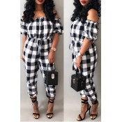 Lovely Leisure Bateau Neck Plaid Printed Drawstrin