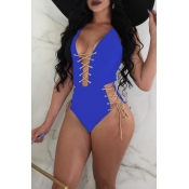 Lovely Chic Lace-up Blue One-piece Swimwear