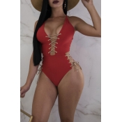 Lovely Chic Lace-up Red One-piece Swimwear