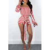 Lovely Trendy Striped Red Polyester One-piece Jump