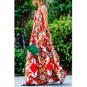 Lovely Bohemian V Neck Printing Red Blending Floor