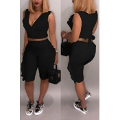 LovelyCasual V Neck Ruffle Black Twilled Satin Two