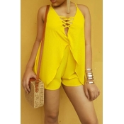 Lovely Fashion V Neck Yellow Polyester Two-piece S