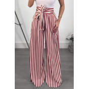 Lovely Trendy High Waist Striped Red Polyester Pan