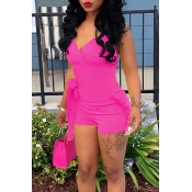 LovelyFashion V Neck Ruffle Rose Red Polyester One